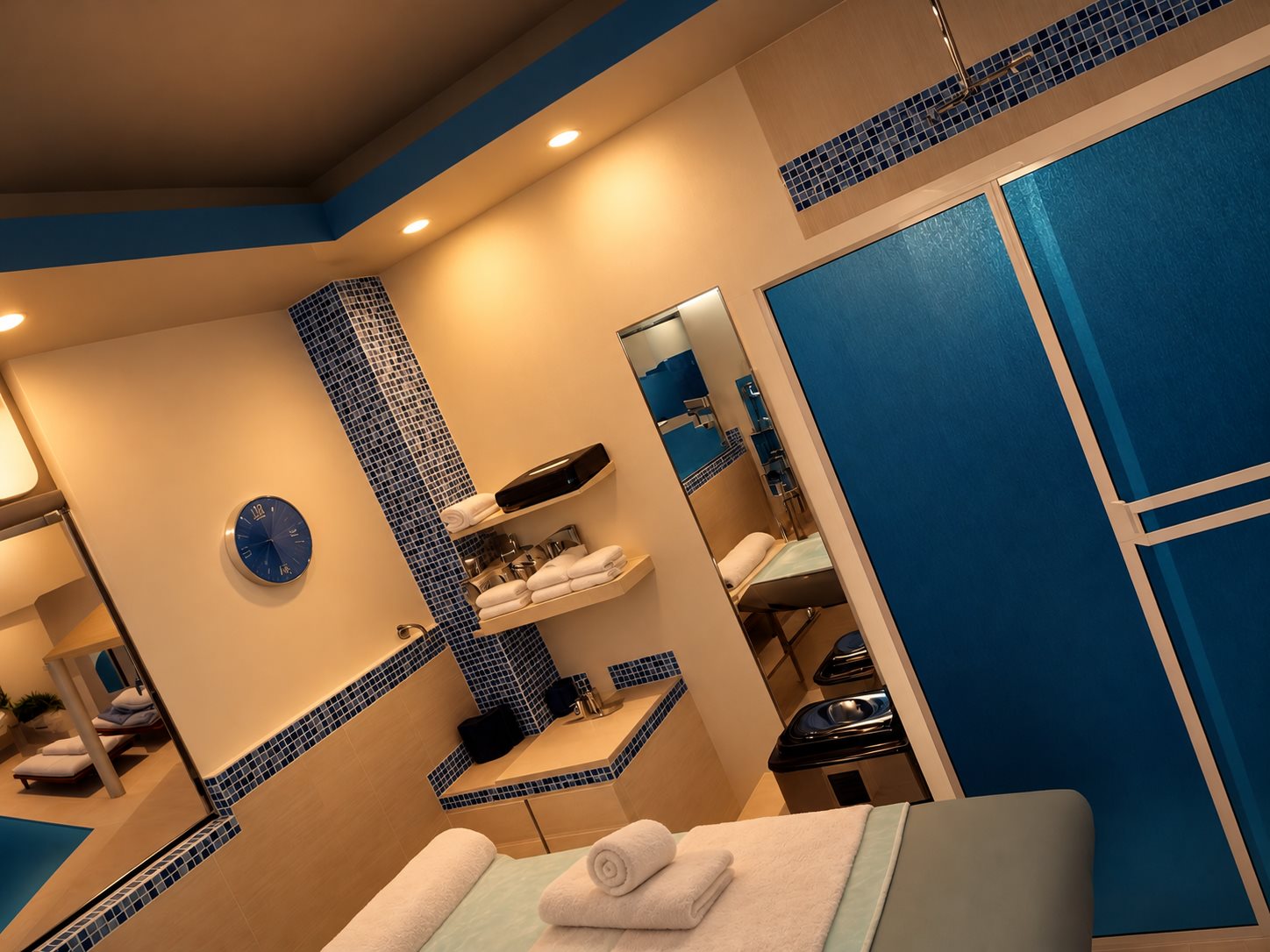 Sala de tratamiento con mosaicos y puertas azules en Masaje Milagroso Playas