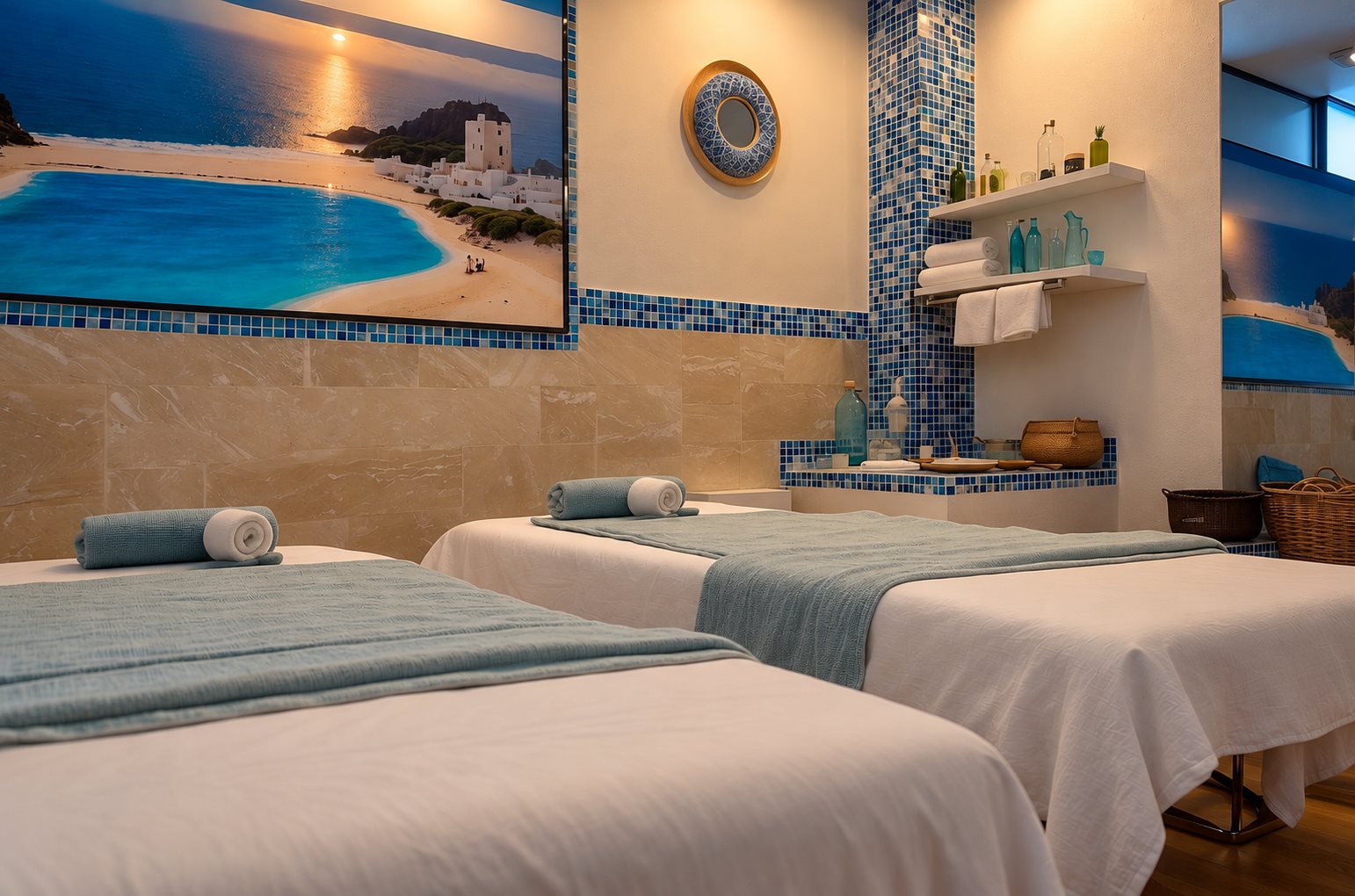 Sala Santorini con dos camillas, toallas dobladas y mural costero en Masaje Milagroso Spa